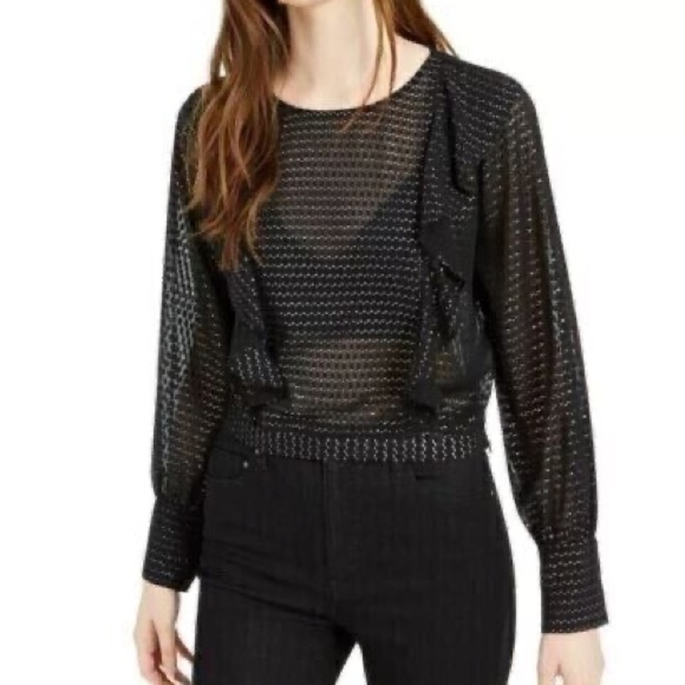 Bar III Blouse XS Black Metallic Clip Dot Ruffle Cropped Sheer Top 100078543